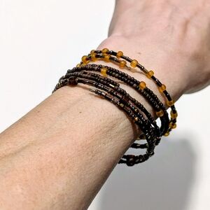 Handmade Stackable Boho Memory Wire Beaded Bracelets, Set of 6, Earthy Tones